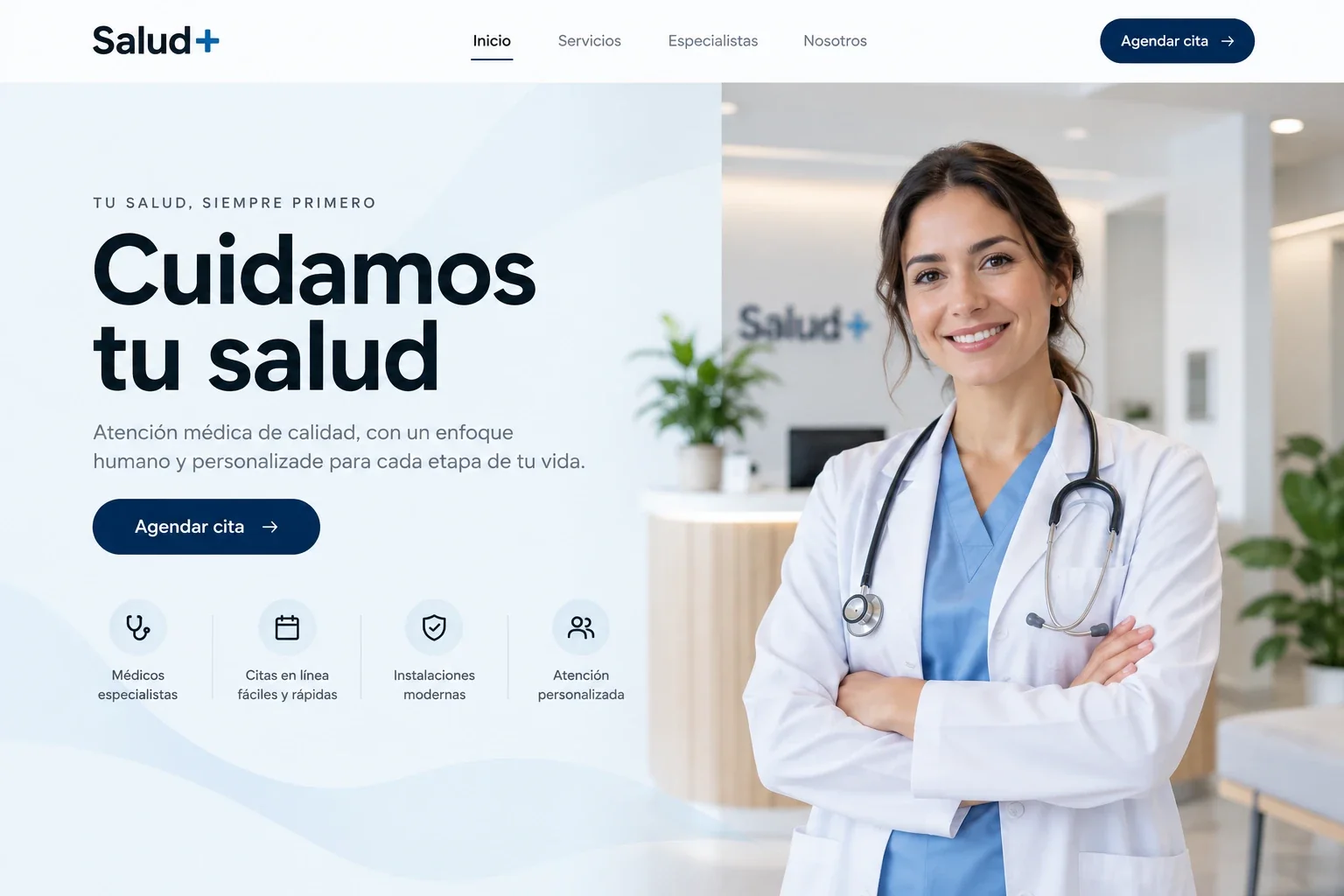 Sitio web de una clínica con el titular Cuidamos tu salud y una doctora sonriendo