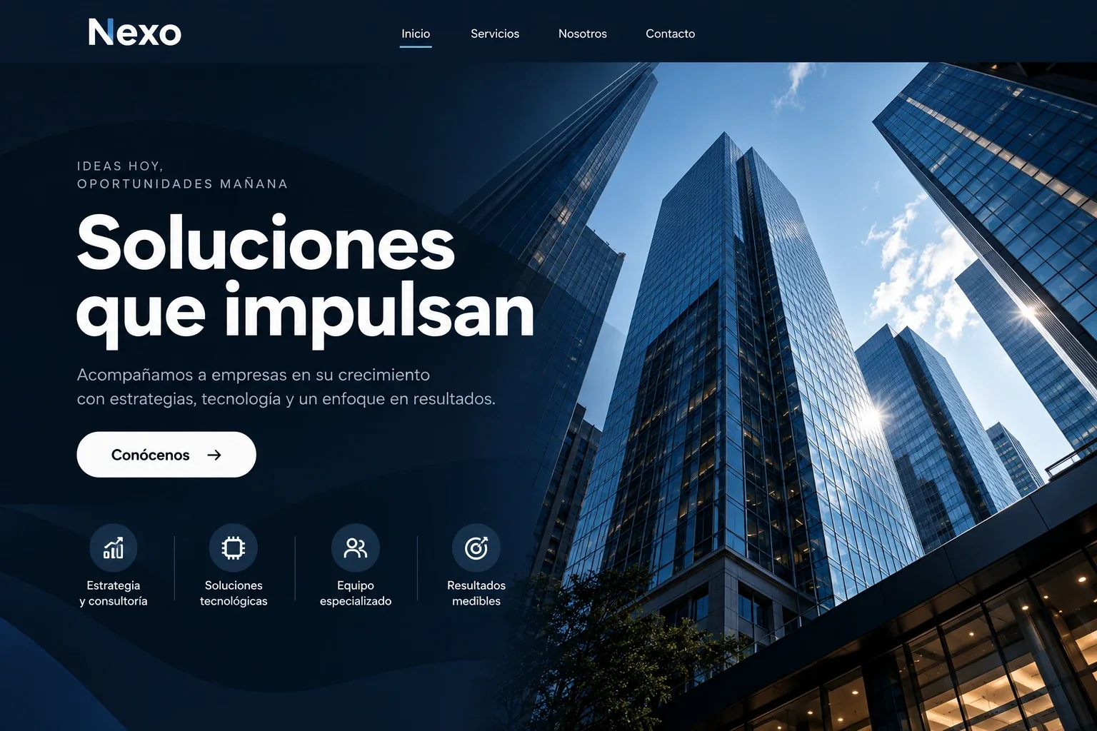 Sitio corporativo con el titular Soluciones que impulsan y un edificio de oficinas