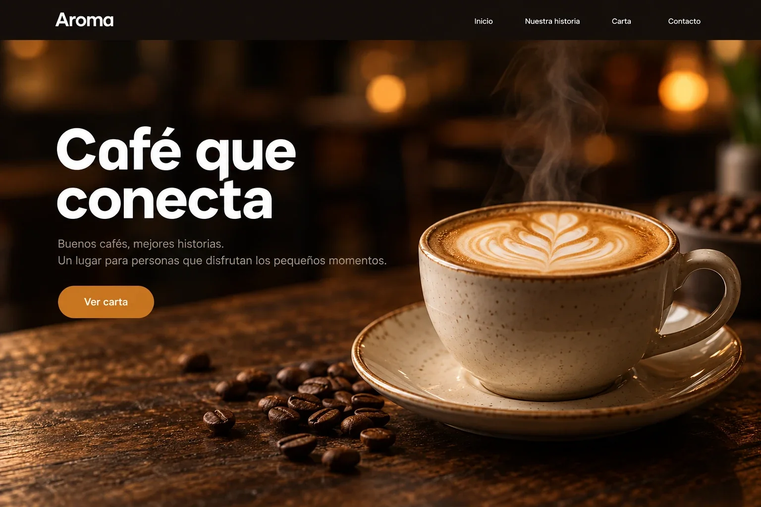 Sitio web de una cafetería con el titular Café que conecta